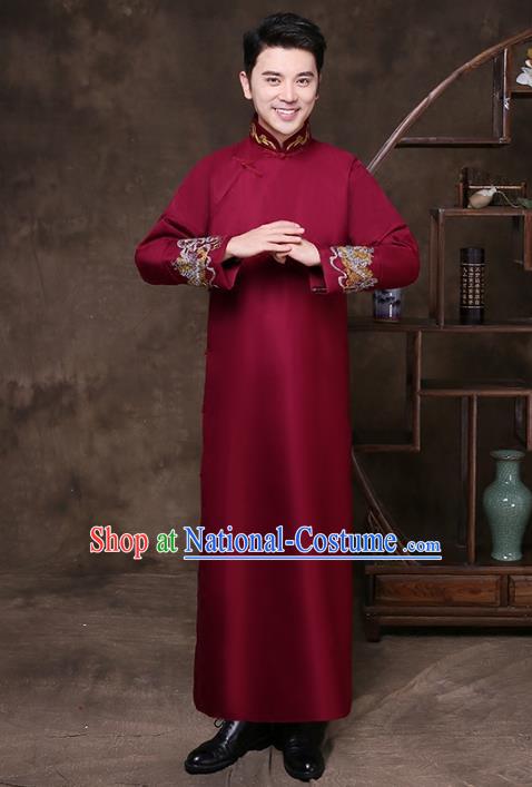 Traditional Chinese Republic of China Wedding Costume Red Long Gown, China National Comic Dialogue Embroidered Clothing for Men