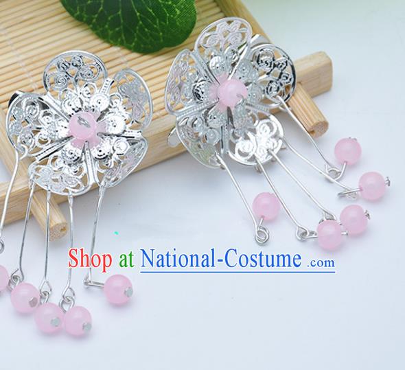 Traditional Chinese Handmade Hair Accessories Hairpins Hanfu Pink Beads Tassel Hair Claw for Kids