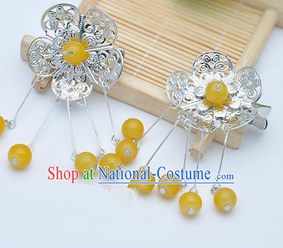 Traditional Chinese Handmade Hair Accessories Hairpins Hanfu Yellow Beads Tassel Hair Claw for Kids