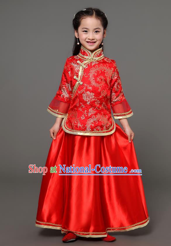 Traditional Chinese Republic of China Children Xiuhe Suit Clothing, China National Embroidered Red Cheongsam Blouse and Skirt for Kids