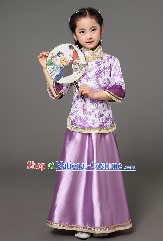 Traditional Chinese Republic of China Children Xiuhe Suit Clothing, China National Embroidered Purple Cheongsam Blouse and Skirt for Kids