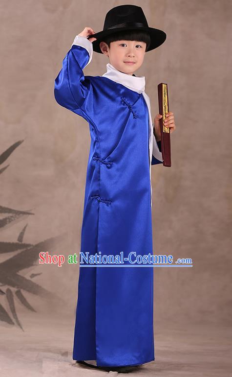 Traditional Chinese Republic of China Costume Children Blue Long Gown, China National Comic Dialogue Clothing for Kids