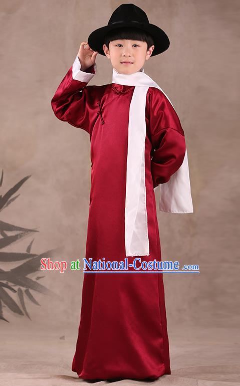 Traditional Chinese Republic of China Costume Children Wine Red Long Gown, China National Comic Dialogue Clothing for Kids