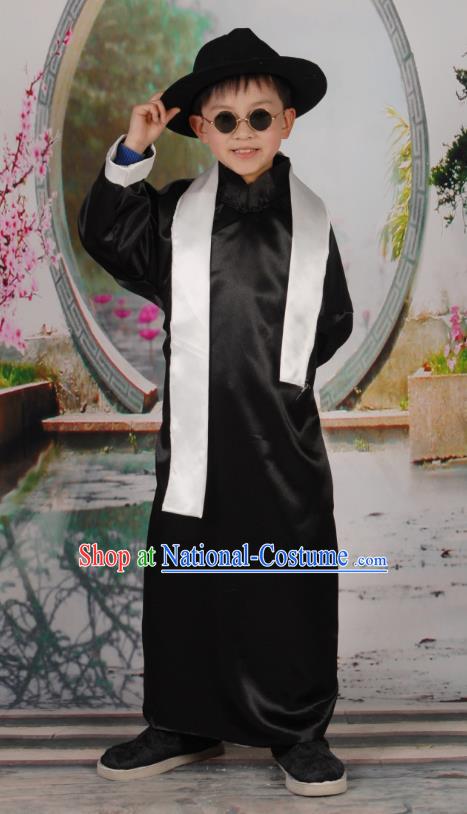 Traditional Chinese Republic of China Costume Children Black Long Gown, China National Comic Dialogue Clothing for Kids