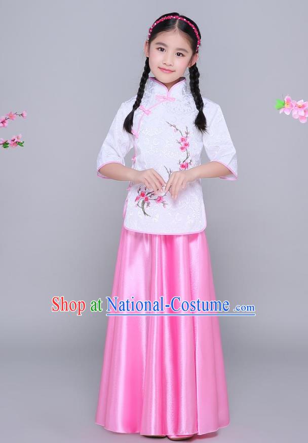 Traditional Chinese Republic of China Children Clothing, China National Embroidered Wintersweet White Blouse and Skirt for Kids