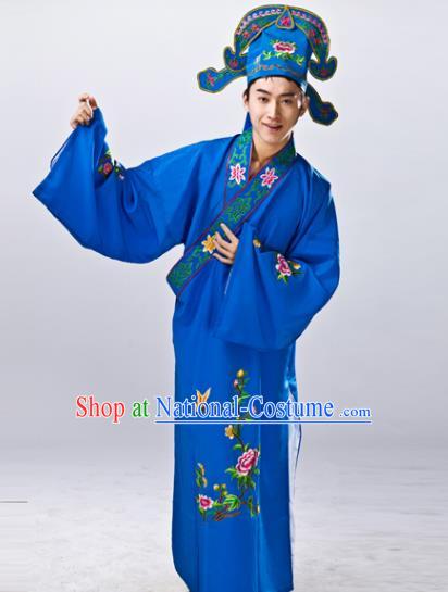 Traditional China Beijing Opera Costume Gifted Scholar Blue Embroidered Robe, Chinese Peking Opera Niche Embroidery Clothing