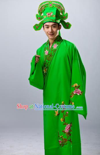 Traditional China Beijing Opera Costume Gifted Scholar Green Embroidered Robe, Chinese Peking Opera Niche Embroidery Clothing