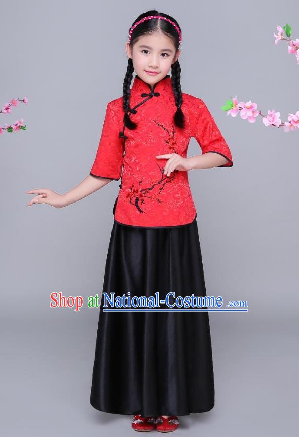 Traditional Chinese Republic of China Children Clothing, China National Embroidered Wintersweet Red Blouse and Skirt for Kids