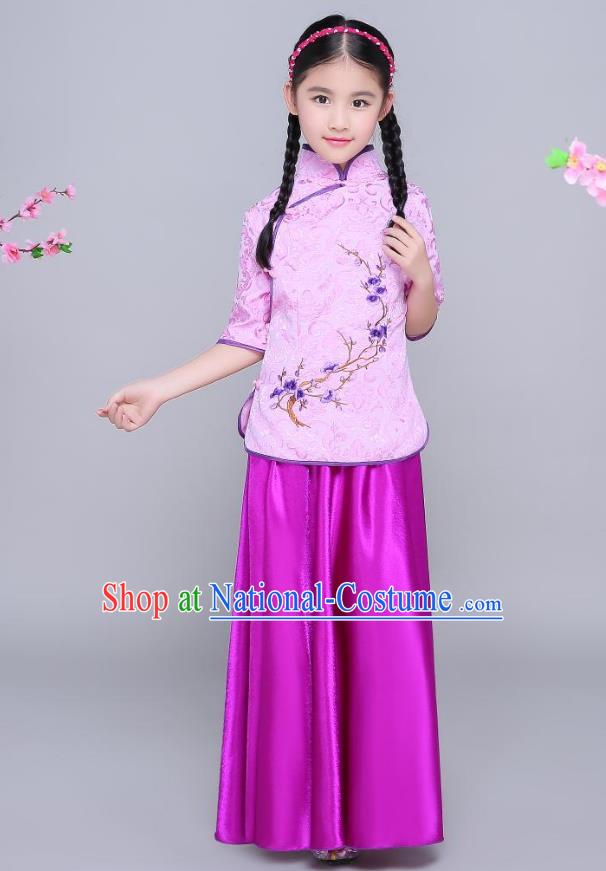 Traditional Chinese Republic of China Children Clothing, China National Embroidered Wintersweet Purple Blouse and Skirt for Kids