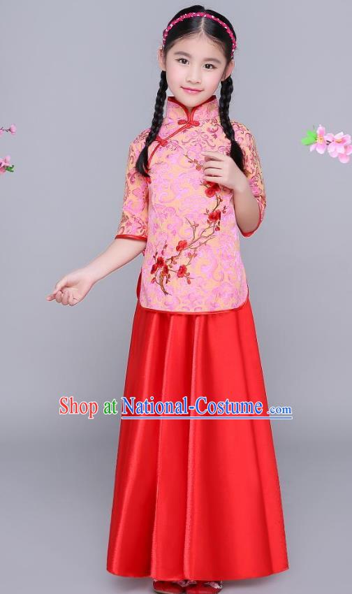 Traditional Chinese Republic of China Children Clothing, China National Embroidered Wintersweet Red Blouse and Skirt for Kids