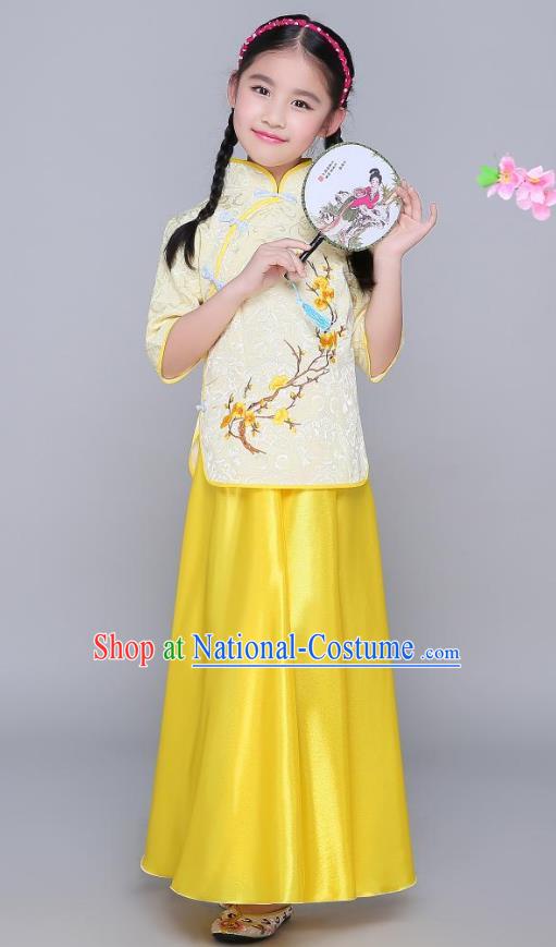 Traditional Chinese Republic of China Children Clothing, China National Embroidered Wintersweet Yellow Blouse and Skirt for Kids