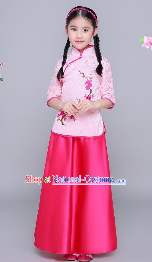 Traditional Chinese Republic of China Children Clothing, China National Embroidered Wintersweet Pink Blouse and Skirt for Kids