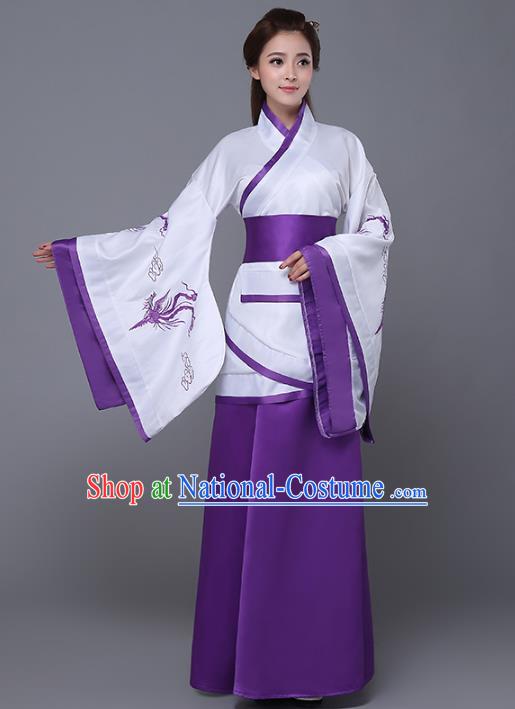 Traditional Chinese Han Dynasty Palace Lady Costume, China Ancient Princess Embroidered Hanfu Purple Curving-front Robe for Women