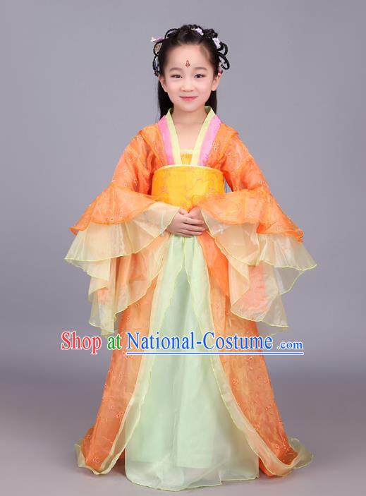 Traditional Chinese Tang Dynasty Palace Lady Orange Costume, China Ancient Imperial Consort Embroidered Hanfu Clothing for Kids