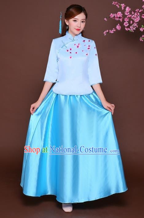 Traditional Chinese Republic of China Nobility Lady Clothing, China National Embroidered Blue Blouse and Skirt for Women