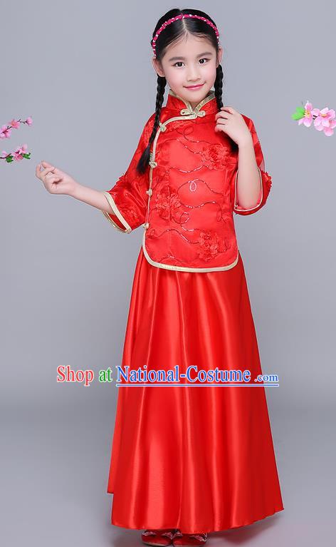 Traditional Chinese Republic of China Nobility Lady Clothing, China National Embroidered Red Blouse and Skirt for Kids