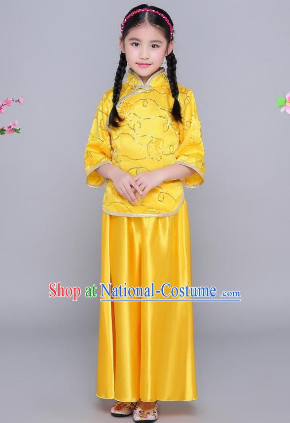 Traditional Chinese Republic of China Nobility Lady Clothing, China National Embroidered Yellow Blouse and Skirt for Kids