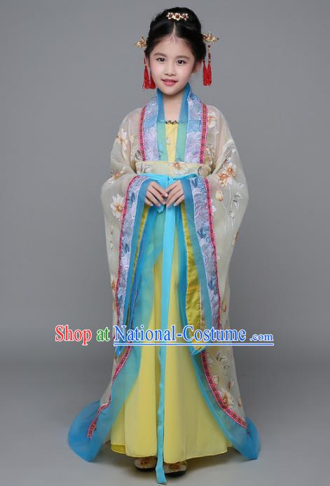 Traditional Chinese Ancient Imperial Concubine Costume, China Tang Dynasty Palace Lady Hanfu Embroidered Clothing for Kids