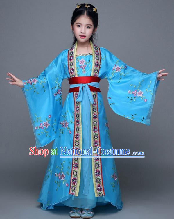 Traditional Chinese Ancient Imperial Consort Blue Costume, China Tang Dynasty Palace Princess Hanfu Embroidered Clothing for Kids