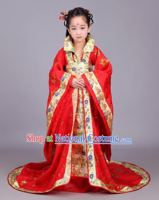 Traditional Chinese Tang Dynasty Palace Lady Red Costume, China Ancient Imperial Consort Hanfu Trailing Dress Clothing for Kids