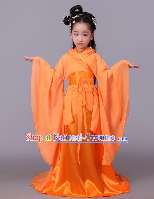 Traditional Chinese Tang Dynasty Palace Lady Orange Costume, China Ancient Imperial Consort Hanfu Trailing Dress Clothing for Kids