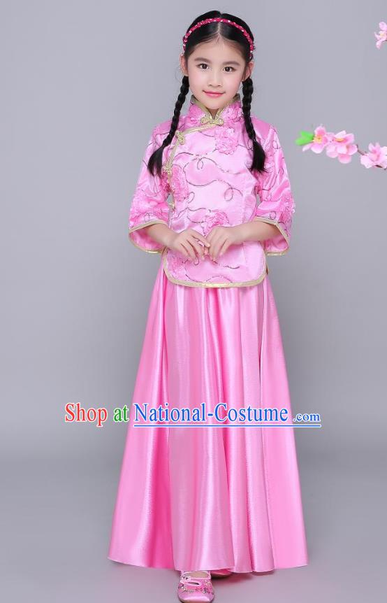 Traditional Chinese Republic of China Nobility Lady Clothing, China National Embroidered Pink Blouse and Skirt for Kids