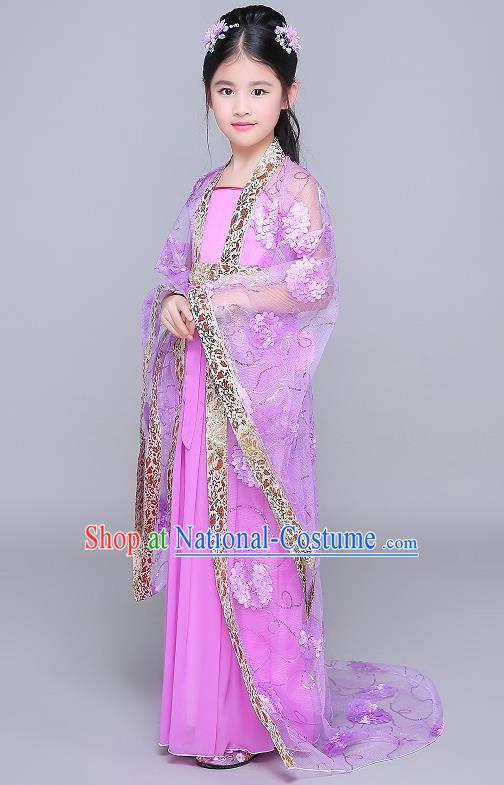 Traditional Chinese Tang Dynasty Fairy Palace Lady Costume, China Ancient Princess Hanfu Purple Dress Clothing for Kids