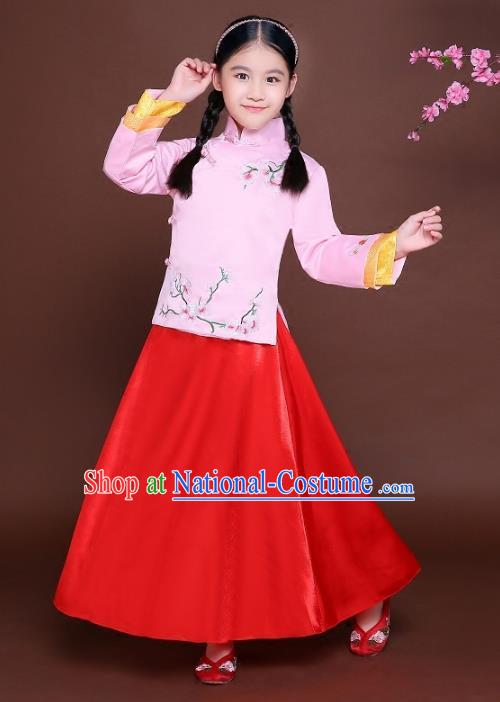 Traditional Chinese Republic of China Nobility Lady Clothing, China National Embroidered Peach Blossom Blouse and Skirt for Kids