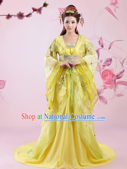 Traditional Chinese Ancient Imperial Consort Yellow Costume, China Tang Dynasty Palace Lady Embroidered Clothing for Women