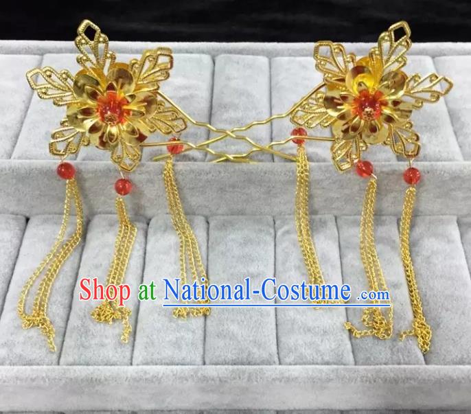 Traditional Handmade Chinese Classical Hair Accessories Golden Flowers Hairpins for Women