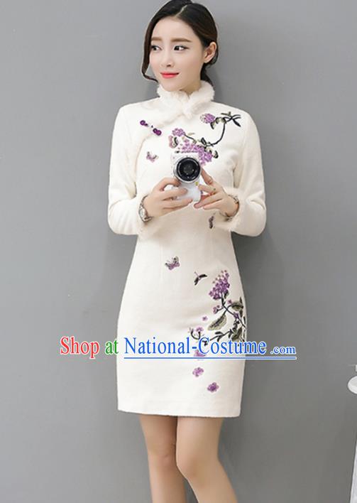 Traditional Chinese National Costume Hanfu White Embroidered Qipao Dress, China Tang Suit Cheongsam for Women