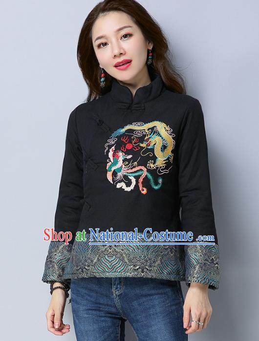 Traditional Chinese National Costume Hanfu Embroidered Dragons Black Cotton-padded Jacket, China Tang Suit Coat for Women