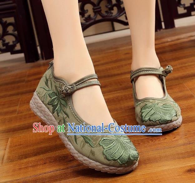 Asian Chinese Green Cloth Embroidered Shoes, Traditional China Princess Shoes Hanfu Embroidery Shoes for Women