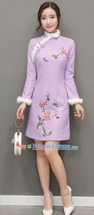 Traditional Chinese National Costume Hanfu Embroidered Butterfly Peony Purple Qipao Dress, China Tang Suit Cheongsam for Women