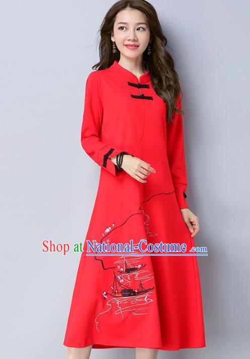 Traditional Chinese National Costume Hanfu Embroidered Red Qipao Dress, China Tang Suit Cheongsam for Women