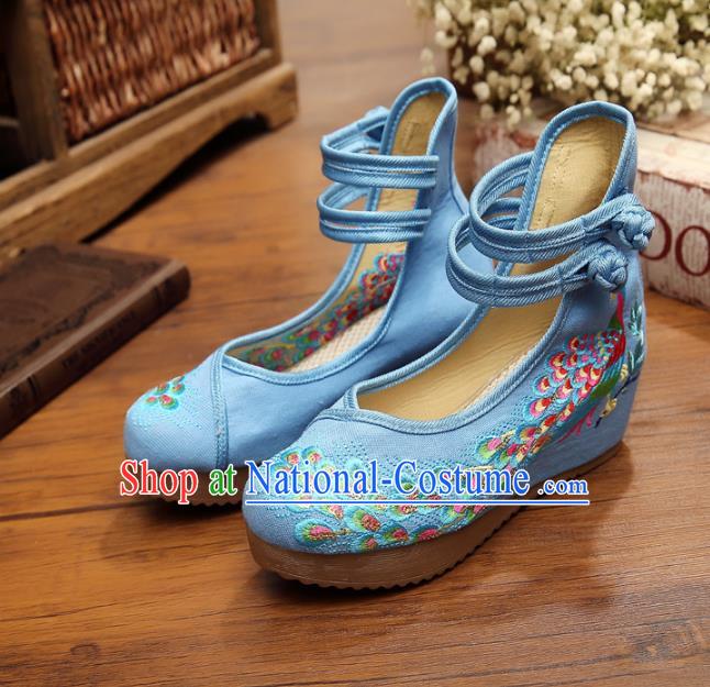 Asian Chinese National Blue Embroidered Peacock Shoes, Traditional China Princess Shoes Hanfu Embroidery Shoes for Women