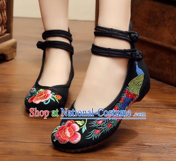 Asian Chinese National Embroidered Peony Phoenix Black Shoes, Traditional China Princess Shoes Hanfu Embroidery Shoes for Women