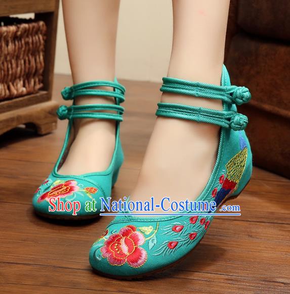 Asian Chinese National Embroidered Peony Phoenix Green Shoes, Traditional China Princess Shoes Hanfu Embroidery Shoes for Women