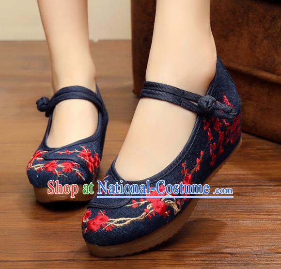 Asian Chinese National Black Linen Embroidered Shoes, Traditional China Princess Shoes Hanfu Embroidery Wintersweet Shoes for Women