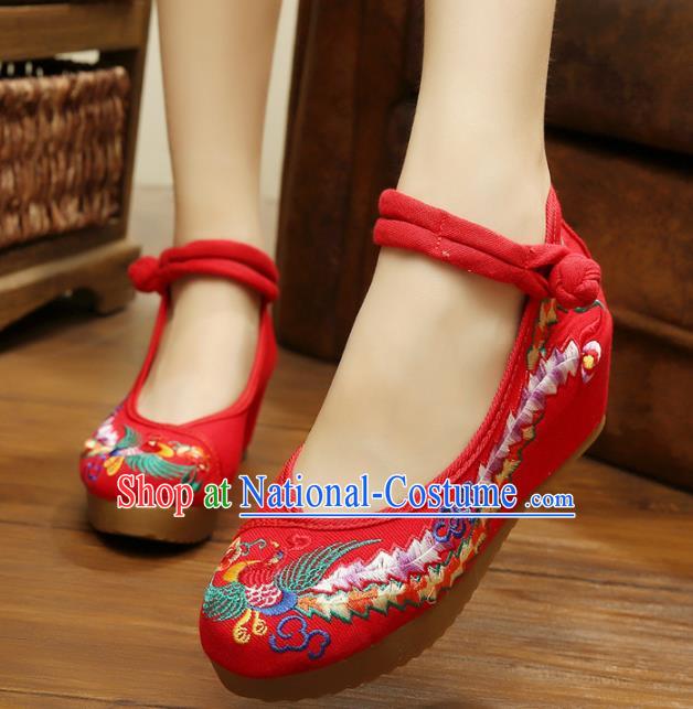 Asian Chinese National Red Embroidered Shoes, Traditional China Princess Shoes Hanfu Embroidery Phoenix Shoes for Women