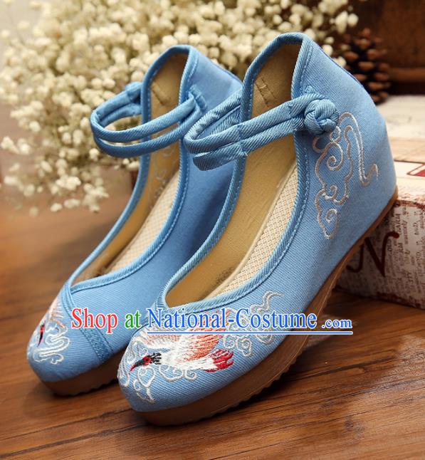 Asian Chinese National Blue Embroidered Shoes, Traditional China Princess Shoes Hanfu Embroidery Crane Shoes for Women