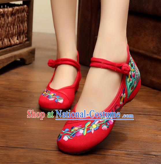 Asian Chinese National Red Canvas Embroidered Shoes, Traditional China Princess Shoes Hanfu Embroidery Shoes for Women