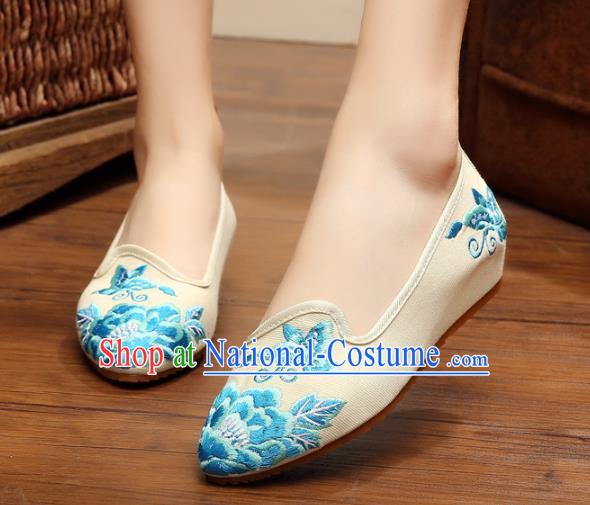 Traditional Chinese National Embroidered Shoes, China Princess Shoes Hanfu Embroidery Peony White Shoes for Women