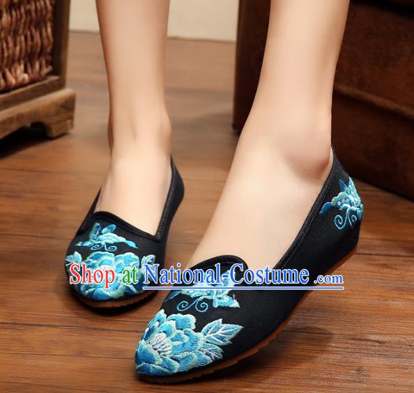 Traditional Chinese National Embroidered Shoes, China Princess Shoes Hanfu Embroidery Peony Black Shoes for Women