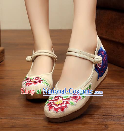 Traditional Chinese National White Linen Embroidered Shoes, China Princess Shoes Hanfu Embroidery Peony Shoes for Women