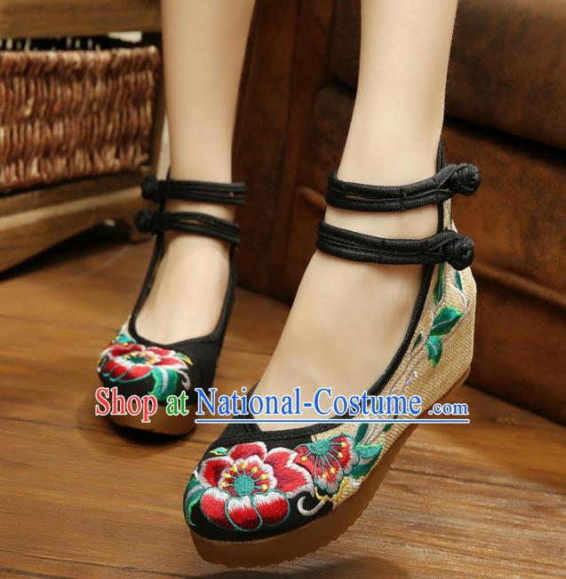 Traditional Chinese National Black Linen Embroidered Peony Shoes, China Princess Shoes Hanfu Embroidery Shoes for Women