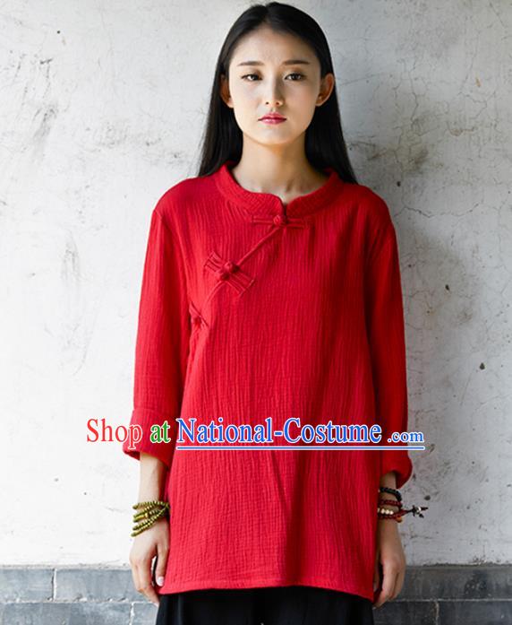 Traditional Chinese National Costume Hanfu Red Linen Blouse, China Tang Suit Cheongsam Upper Outer Garment Shirt for Women