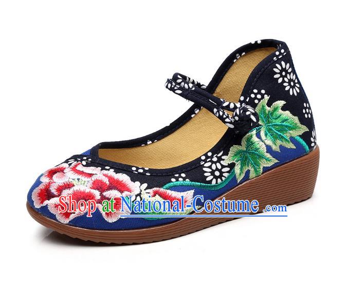 Traditional Chinese National Hanfu Blue Embroidered Shoes, China Princess Embroidery Peony Shoes for Women