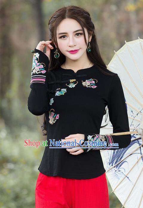 Traditional Chinese National Costume Hanfu Black Embroidery Blouse, China Tang Suit Cheongsam Upper Outer Garment Shirt for Women