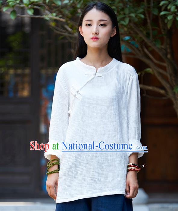 Traditional Chinese National Costume Hanfu Linen White Blouse, China Tang Suit Cheongsam Upper Outer Garment Shirt for Women